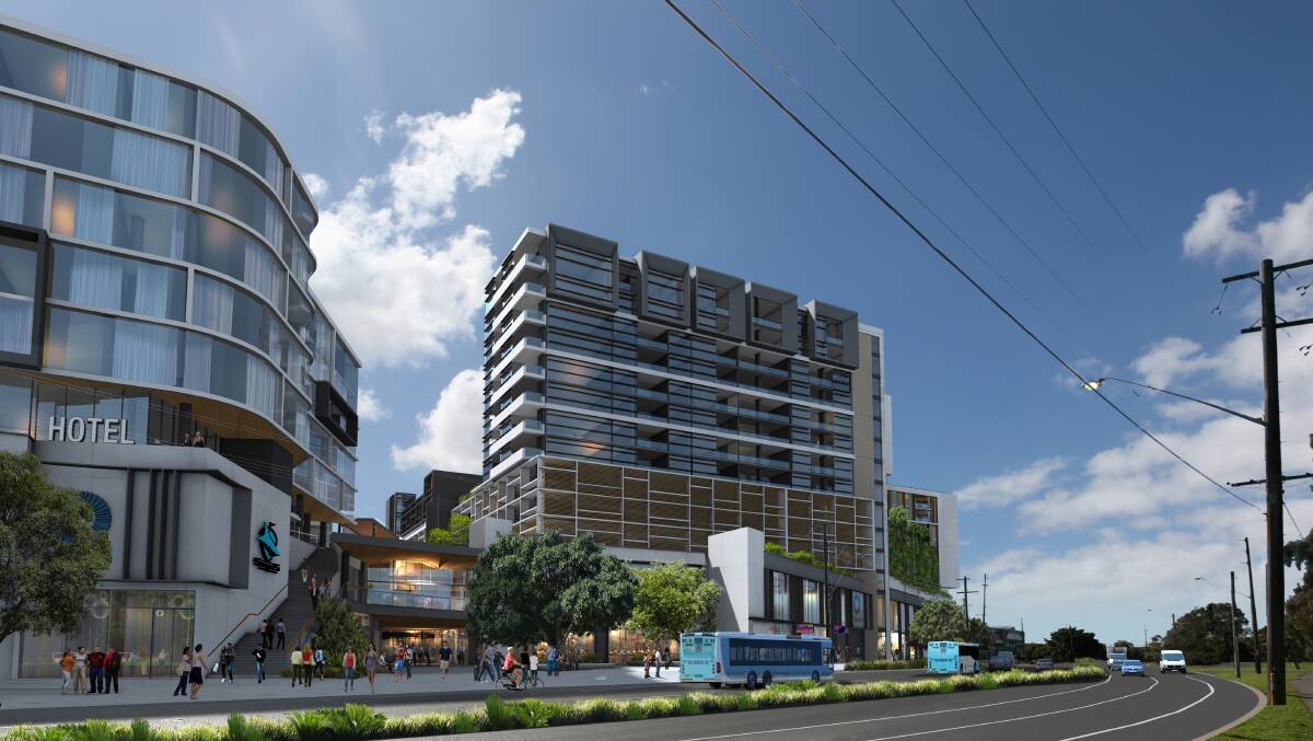 Artist's impression of the new hotel (left), new apartment blocks and retail centre. Picture: supplied
