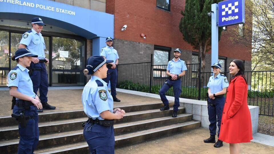 Eleni Petinos with new probationary constables at Sutherland police station. Probationary Constable Walsh is on the top step at left. Picture: supplied