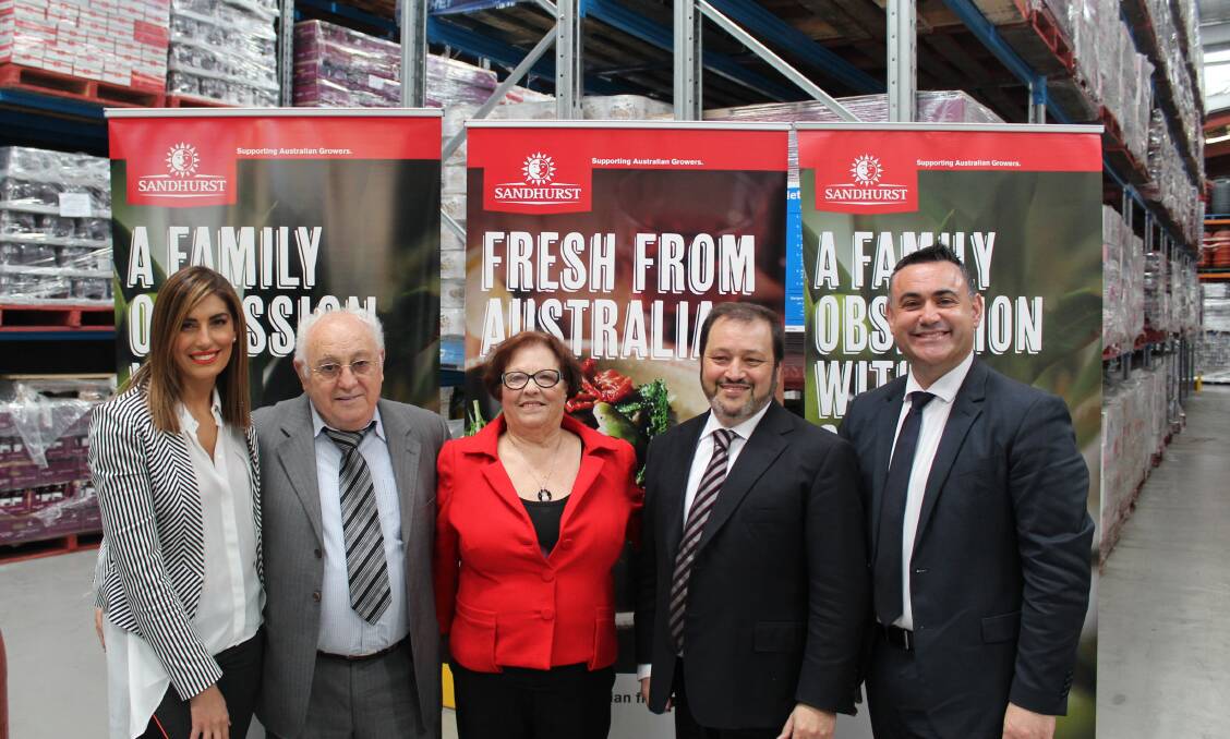 Family business success: Eleni Petinos (left), Vincenzo and Geraldine Lubrano, Mimmo Lubrano and John Barilaro in the Miranda factory. Picture: supplied