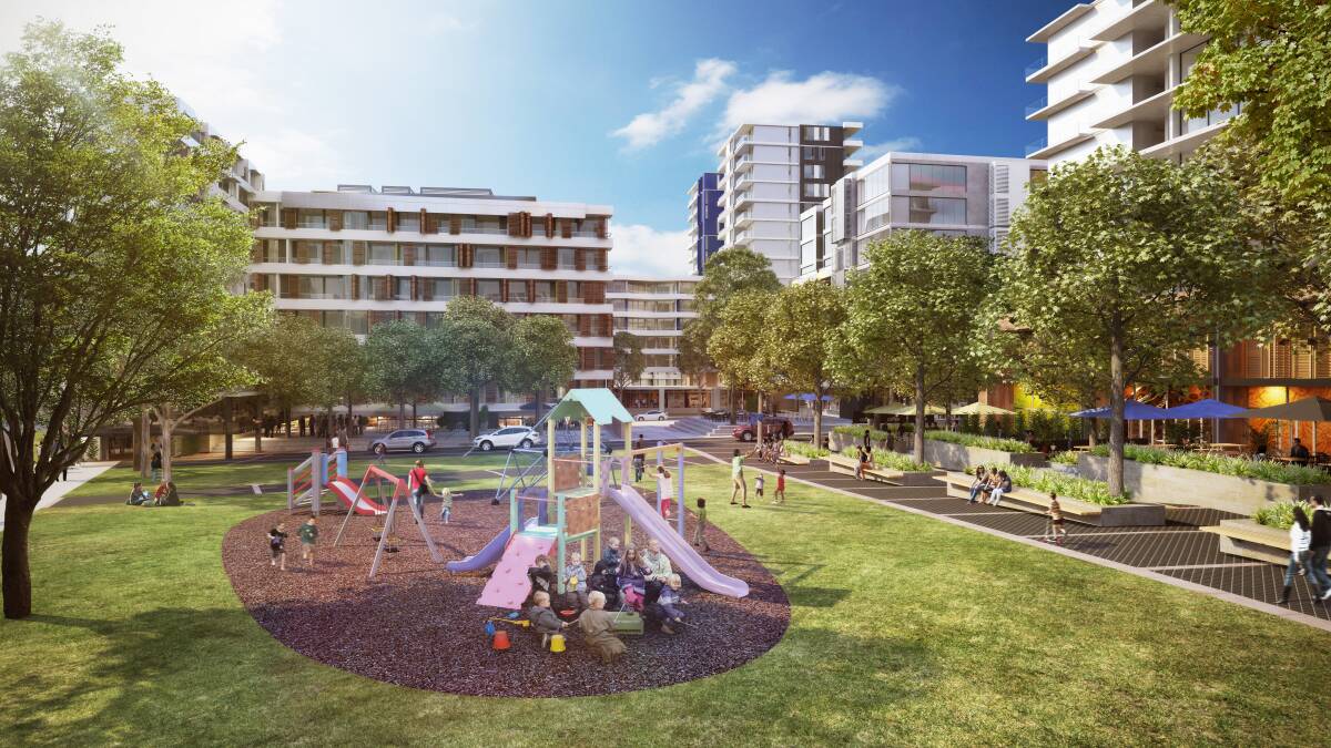 Urban oasis: Artist's impression of an enhanced Wooroona Reserve at Arncliffe East, surrounded by new apartment blocks.  Picture: supplied