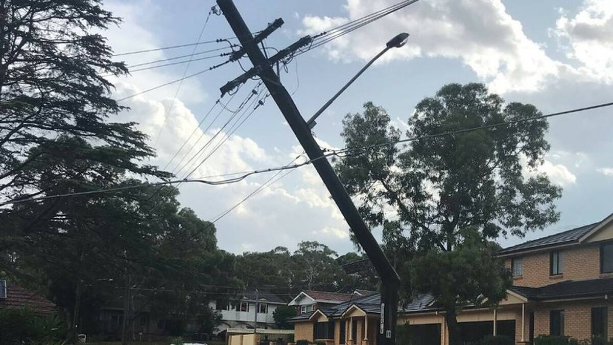 Storm damage: A snapped power pole at Kirrawee. Picture: Ausgrid / Twitter