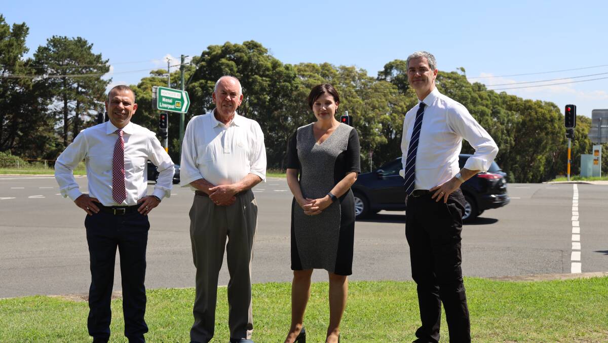 Mark Buttigieg (left), Barry Hayston, Jodi McKay and John Graham at the intersection of Princes Highway and Heathcote Road, Engadine. Picture: supplied