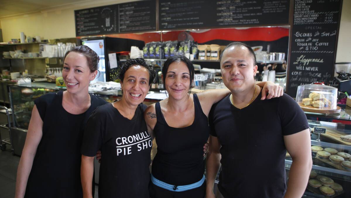 New owner of the Cronulla Pie Shop, Rita Galea with staff members Melodie, Mandana and Vishna, who will continue as part of the team running the new cafe. Picture: John Veage