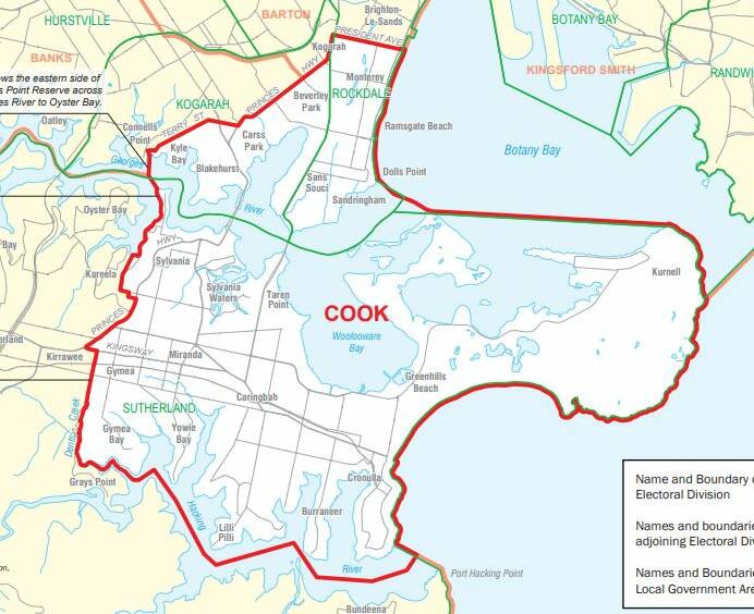 The Cook electorate stretches from Sutherland Shire across the Georges River to the southern suburbs of St George. Picture: AEC