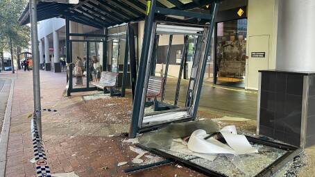 The damaged bus shelter in Kiora Road, Miranda on Monday morning. Picture by Chris Lane