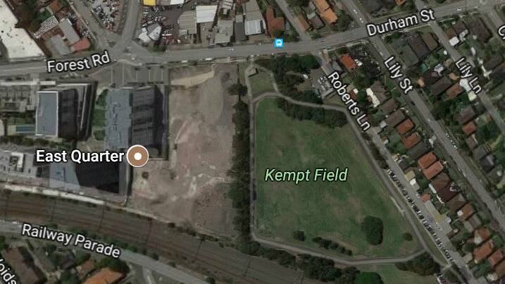 The vacant site next to Kempt Field where stage three of East Quarter will be built. Picture: Google Maps