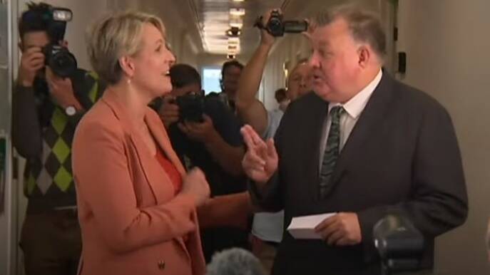 Tanya Plibersek and Craig Kelly discuss his views on COVID-19 in the Press Gallery corridor. Picture: 7 News