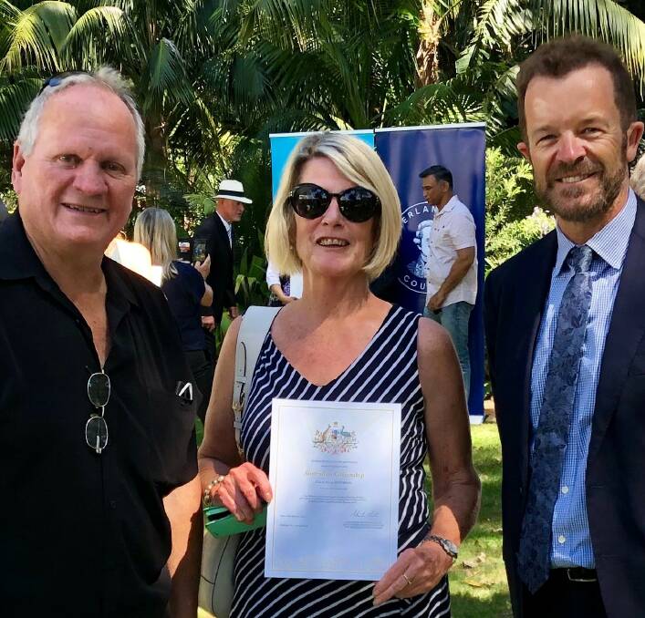 Mark Speakman and new citizen Carol Denison (from the USA) and her husband Shane at the 2021 citizenship ceremony at Hazelhurst. Picture: supplied