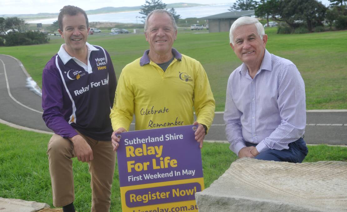 20th anniversary: Mark Speakman, Rod Coy and Steve Simpson launch the Sutherland Shire Relay for Life at Don Lucas Reserve, Wanda.