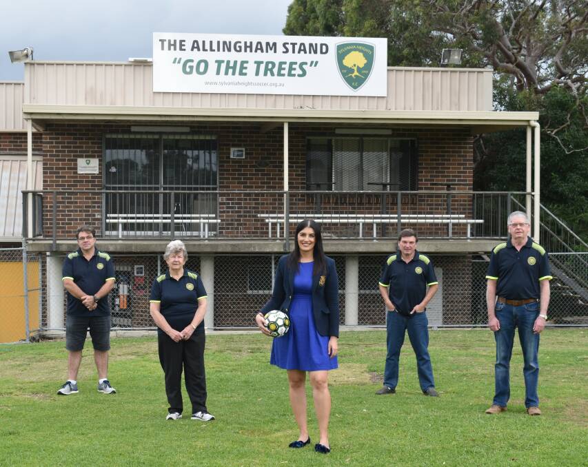 Club president Trent Jordan (left), secretary Jenny Buchanan, Eleni Petinos, treasurer, Tony Robins and vice president Peter Barke at the announcement of a $1.79 million grant from the Greater Sydney Sports Facility Fund to upgrade of playing fields and spectator facilities at Box Road Reserve. Picture: supplied