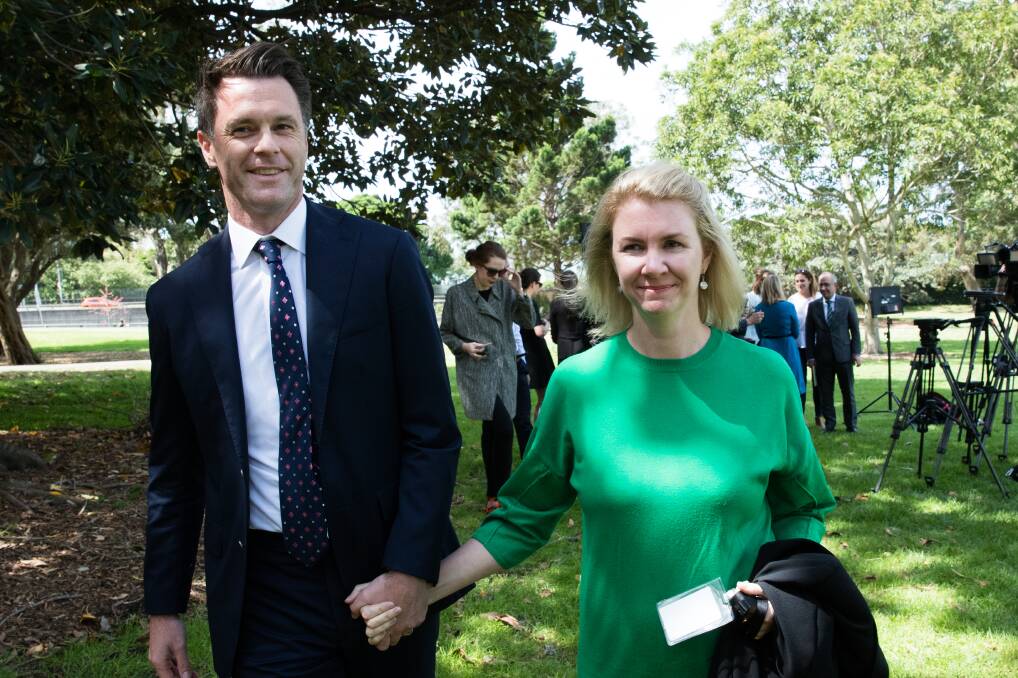 Chris Minns and wife Anna arrive for a media conference where he announced he would contest the party leadership in November, 2018. 