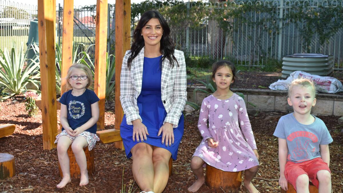 Miranda MP Eleni Petinos with Jaimee Head (left), Norah Gargan and Liam Barden at Miranda Kindergarten, which will use its funding of nearly $9000 for outdoor timber climbing and balancing equipment. Picture: supplied