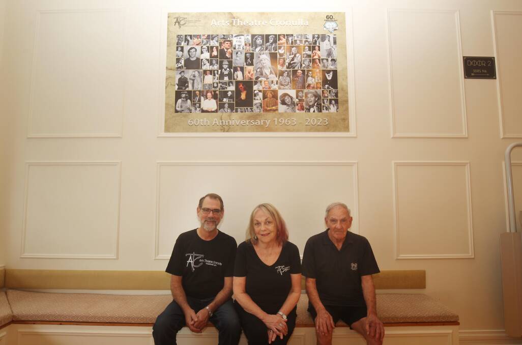 Arts Theatre Cronulla is celebrating its 60th anniversary - Michael Gooley (left), Michele Potter and Jim Bruce, a founding member, Picture by Chris Lane