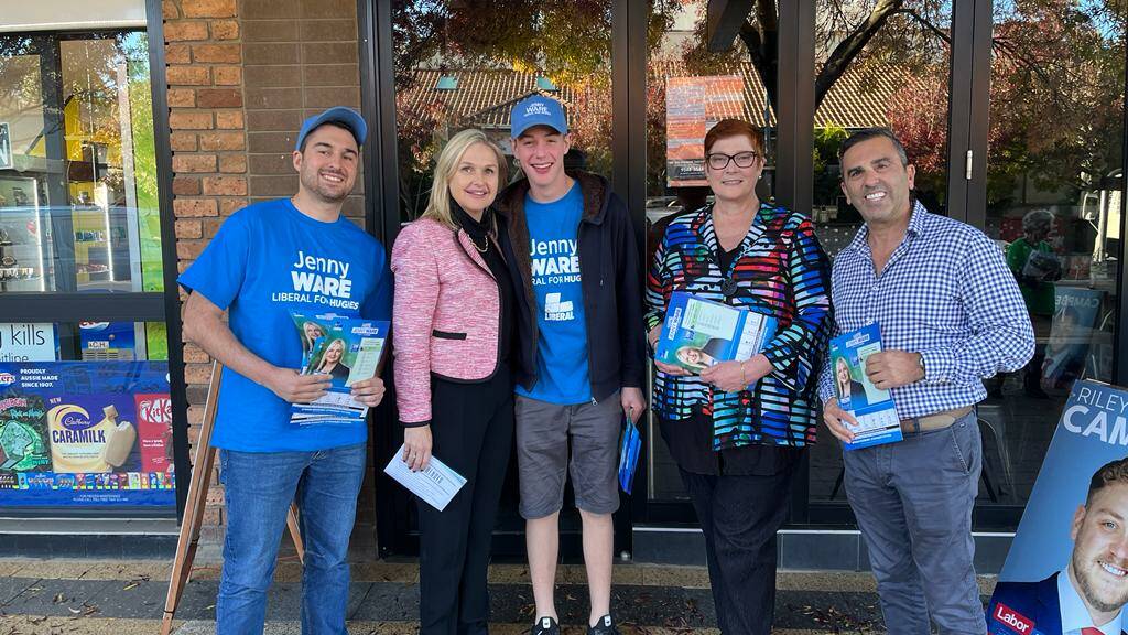 Senator Marise Payne at the Engadine early voring centre with Liberal candidate Jenny Ware and mayor Carmelo Pesce and campaign volunteers. Picture: supplied