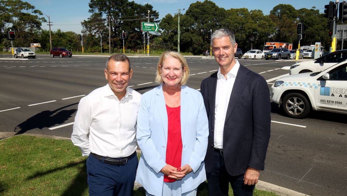 Mark Buttigieg MLC, Maryanne Stuart and John Graham at the intersection of Heathcote Road and Princes Highway, Heathcote. Picture by Chris Lane
