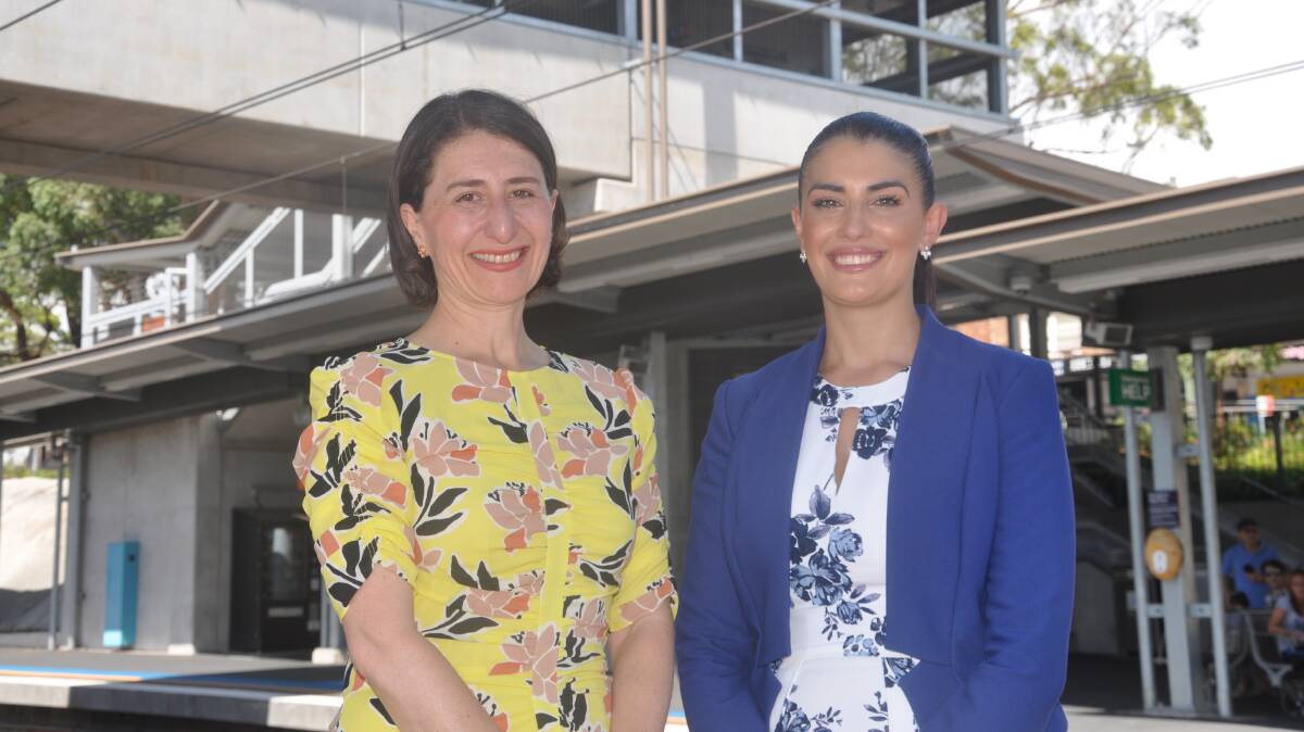 Gladys Berejiklian and Eleni Petinos at Jannali station during the 2019 election campaign.
