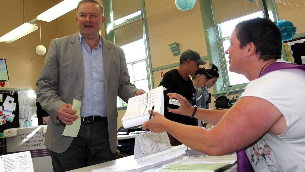 Anthony Albanese casts his vote in Balmain this morning. Picture: Danny Casey, AAP
