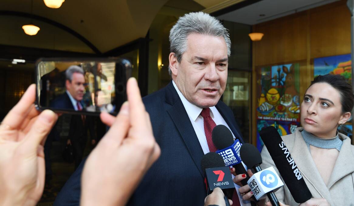 Lawyer Warwick Anderson, who is representing Police Constable Andrew Bruce, speaks to the media outside the Downing Centre Courts today. Picture: Peter Rae, AAP
