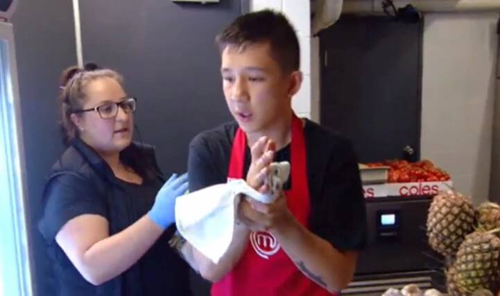 Off to hospital: Brendan Pang required 13 stitches to a cut to his hand during last night's brunch challenge. Picture: Network Ten