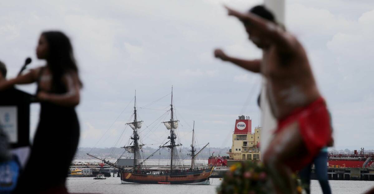 Ship shape: The replica of Captain Cook's ship HMS Endeavour off Kurnell during the Meeting of Two Cultures ceremony last year. Picture: Chris Lane