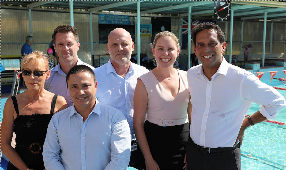 Pool pledge: (from left) Kathryn Landsberry (Deputy Mayor, Georges River Council), Chris Minns (State Member for Kogarah),  local swimmer and campaigner Troy Tan, Simon O'Brien (Federal Labor Candidate for Cook), Lucy Mannering (State Labor Candidate for Oatley) and Chris Gambian (Labor Candidate for the Federal seat of Banks) at Kogarah War Memorial Pool. Picture: Supplied