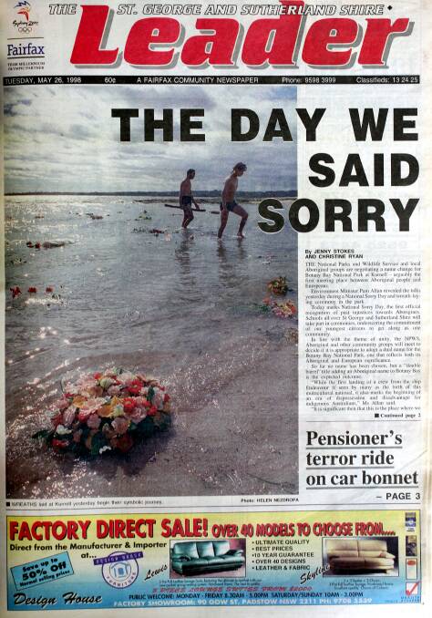 Recording history: Front page of the Leader, May 26, 1998, on the first National Sorry Day event at Kurnell.