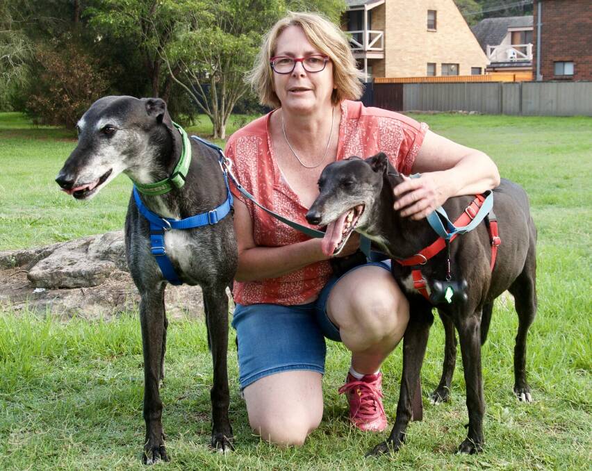 Megan Hale with greyhounds Inky and Bob. Picture: Fiona Chisholm