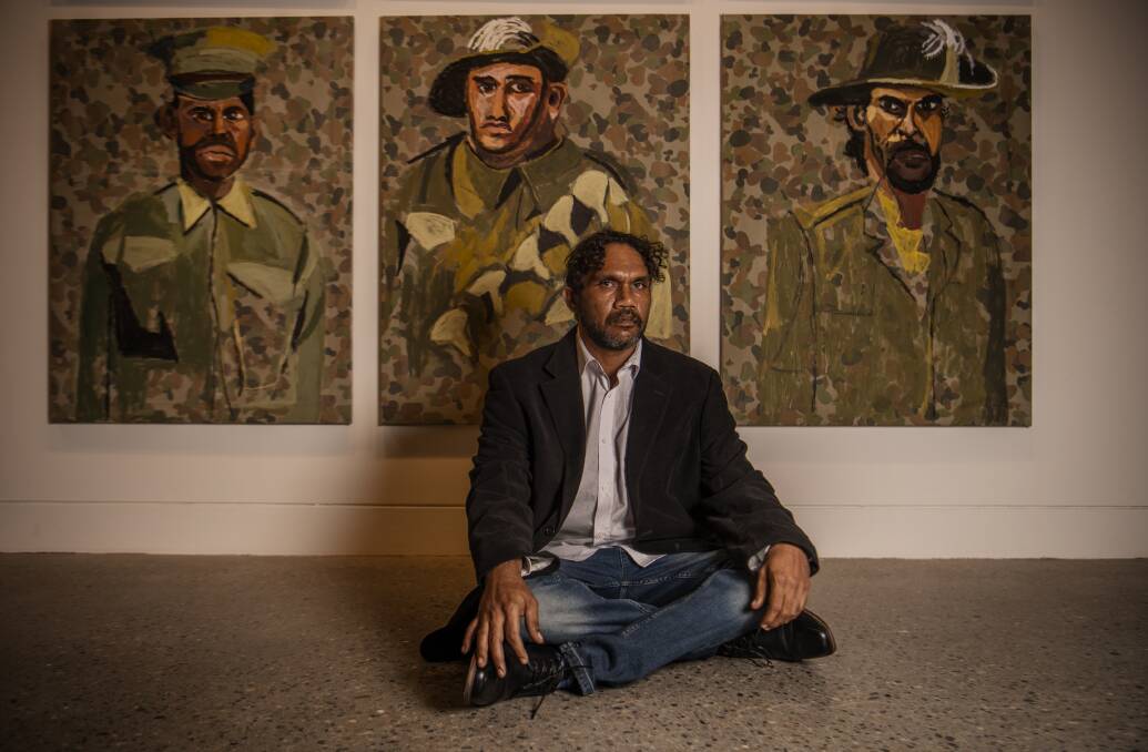 Bringing Indigenous soldiers out of the shadows: Vincent Namatjira at the opening of the Weapons for the Soldier exhibition at Hazelhurst. Picture: Louise Kennerley