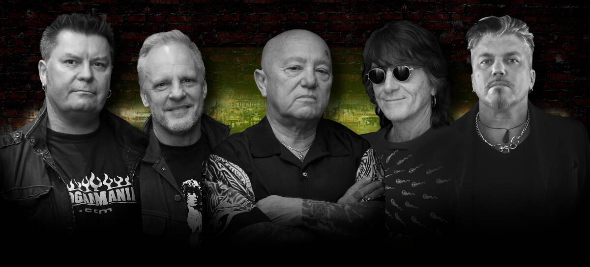 Men of rock united: Angry Anderson, Mark Evans  Jim Hilbun (The Angels), Dai Pritchard (Rose Tattoo), Grant Walmsley (Screaming Jets) and Greg Aldridge.