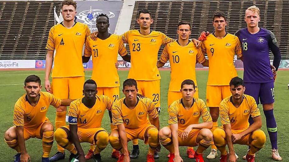 Sutherland Shire junior and Tottenham gloveman, Tom Glover (far right), in Cambodia with the Olyroos. Picture: 