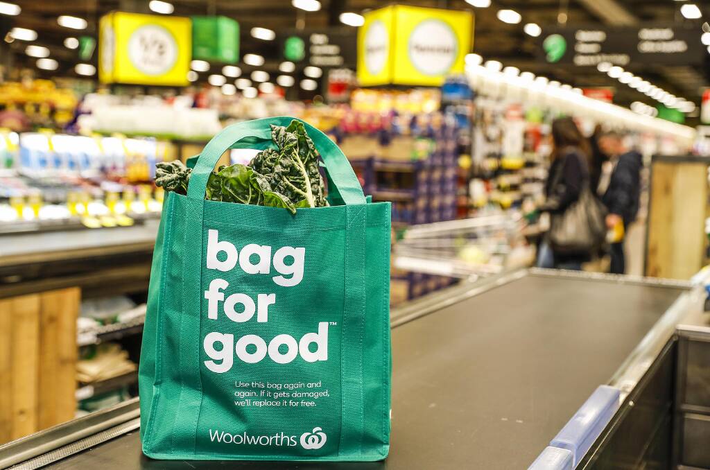 A reusable bag at a Woolworths store. The supermarket stopped providing single-use plastic bags today.