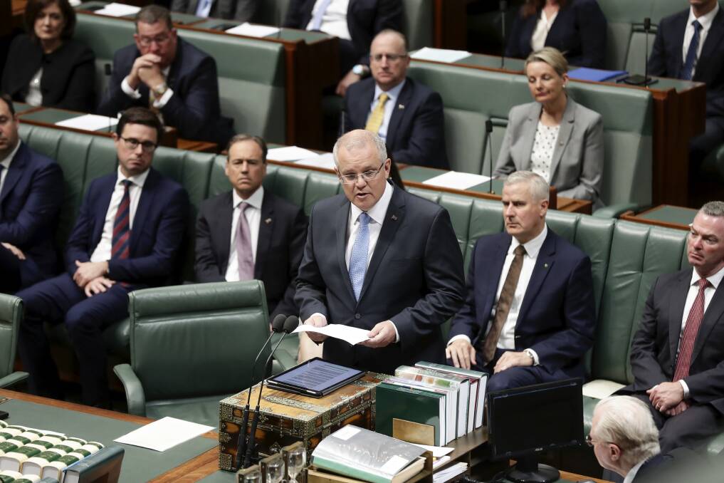 Prime Minister Scott Morrison delivers the national apology on Monday. Picture: Dominic Lorrimer
