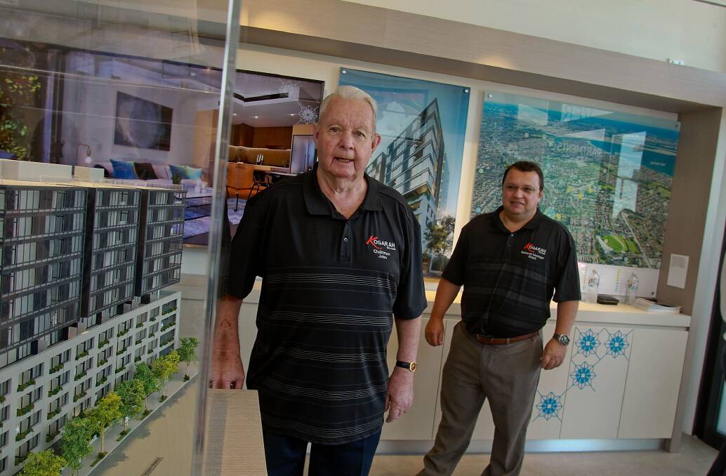 A new dawn: Kogarah RSL Club chairman John Samuel with general manager Grant Amer in 2016 with plans for the new Veridian project in the club foyer. Picture: Supplied