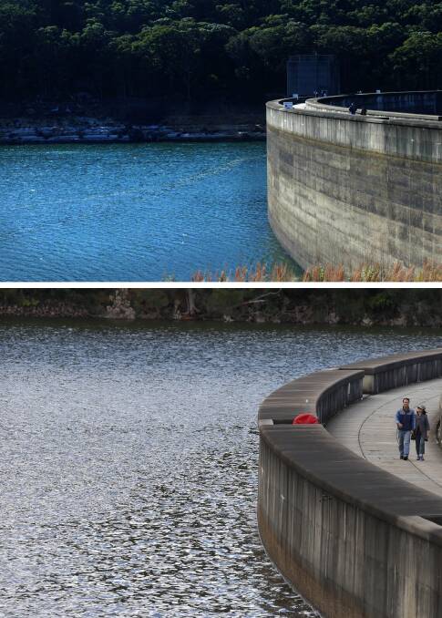 Woronora Dam in 2005 (top) at less than 50 per cent capacity and the dam in 2016 at 96.4 per cent capacity. The current dam level is 40.9 per cent. 