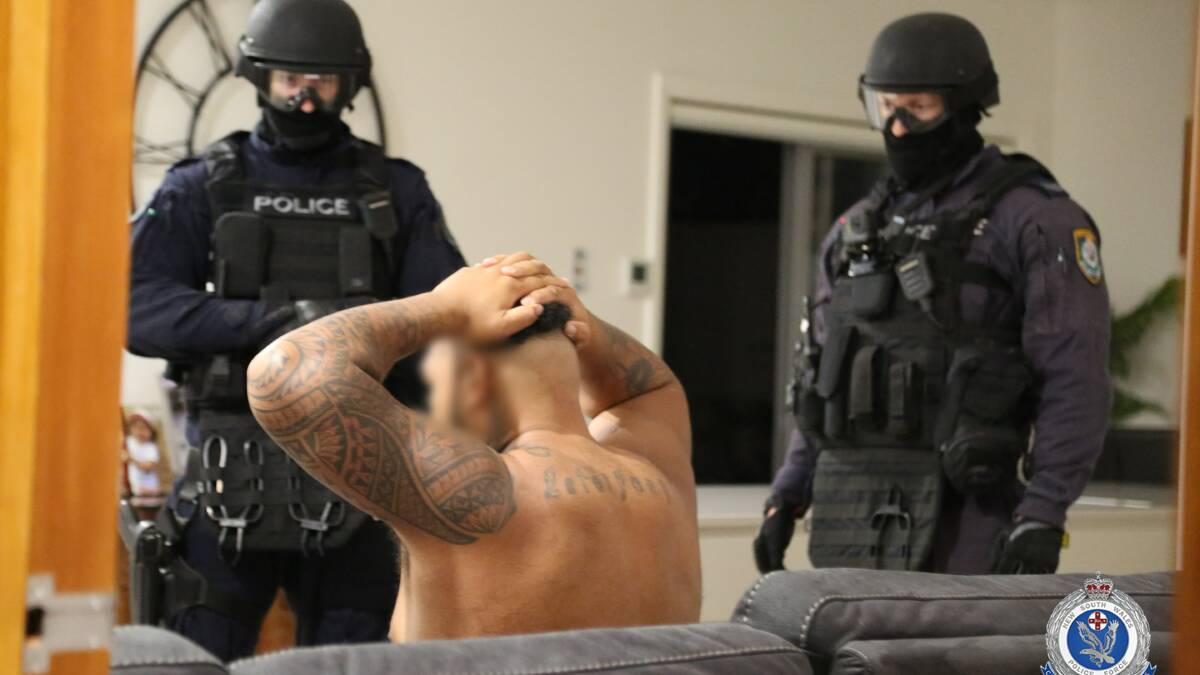 Comanchero OMCG member arrested at Sylvania over alleged drug supply syndicate. Pictures: NSW Police