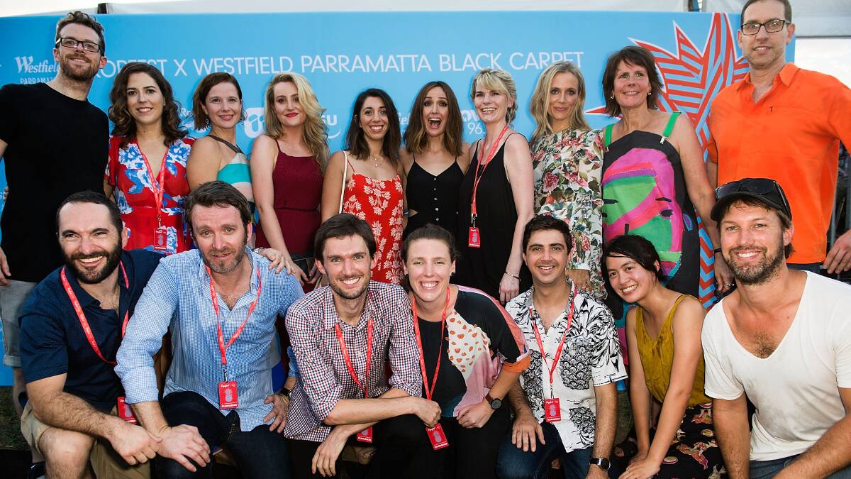 Filmmaker collective: Nick Baker and Tristan Klein (third and fifth from left) pose with the other Tropfest finalists and Rose Byrne one of the judges.