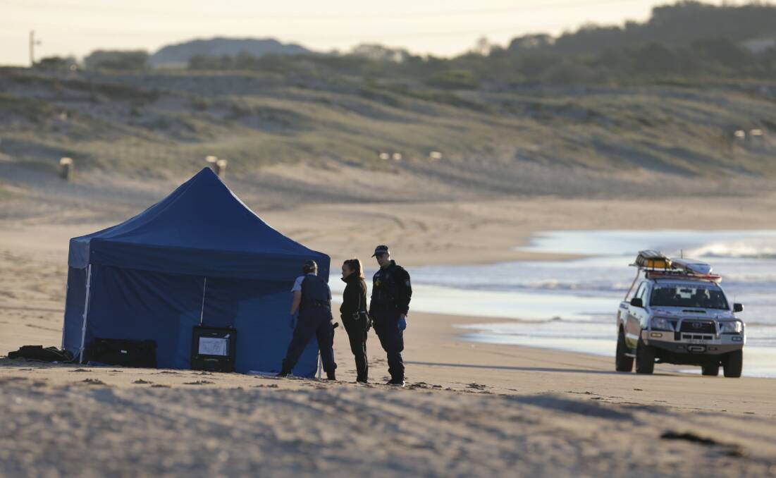 Police have established a crime scene on North Cronulla Beach after the body of an unidentified woman was found this morning. Pictures: John Veage