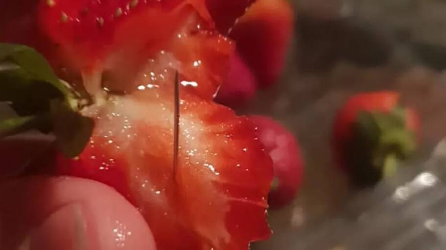 A woman in Wingham posted pictures of strawberries with needles in them to Facebook, saying she purchased them at the local Coles. Picture: Chantal Faugeras - Facebook