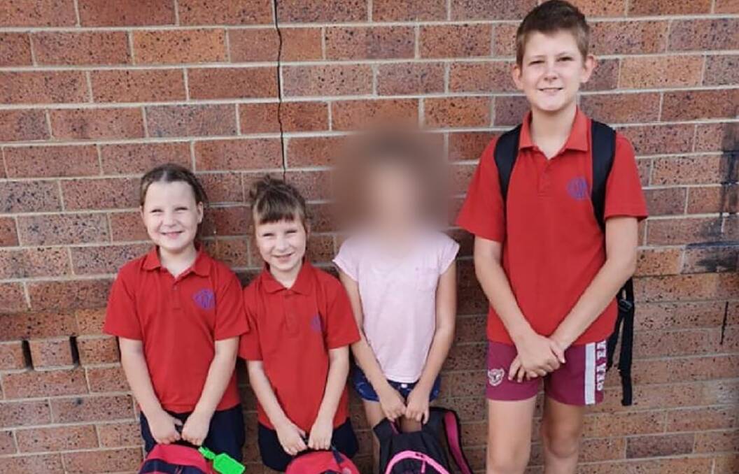 Chris and Kara Atkin's family home was devastated by fire in Singleton NSW, claiming the lives of three of their children, (from left) twins Matylda and Scarlett and Blake (pictured far right). Bayley (pink shirt) survived the blaze.
