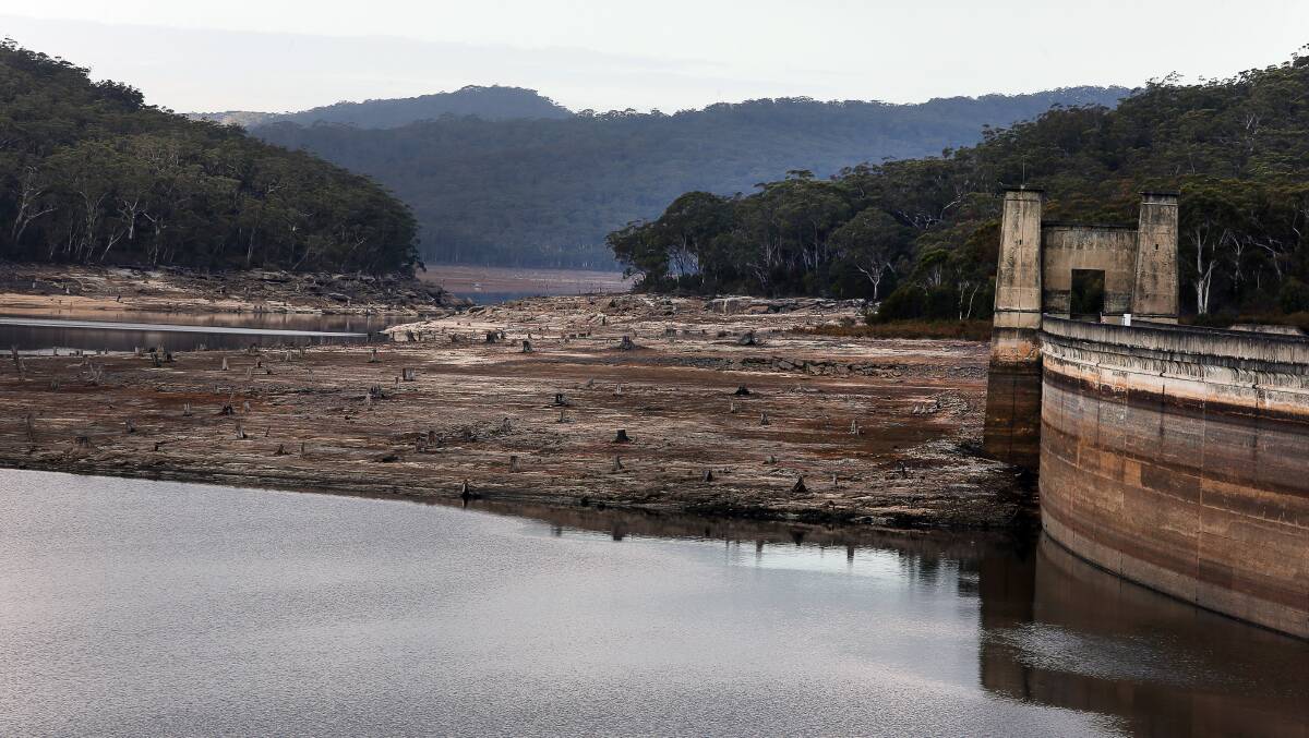 Cordeaux Dam, south of Sydney, captured at 41.9 per cent full earlier this month; this time last year it was 93.8 per cent. Picture: Robert Peet