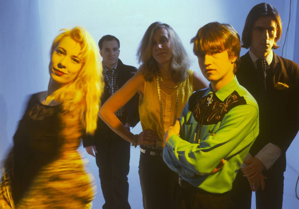 Robert Forster (far right) with the GoBetweens (from left) Amanda Brown, Grant McLennan, Lindy Morrison and Robert Vickers. Picture: Peter Anderson