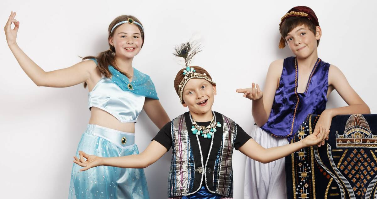 Out of the bottle: Genies cast members (from left) Ava Crewes, Xion Jarvis, Max Fernandez reprise the roles of Jasmine, Genie and Aladdin respectively.