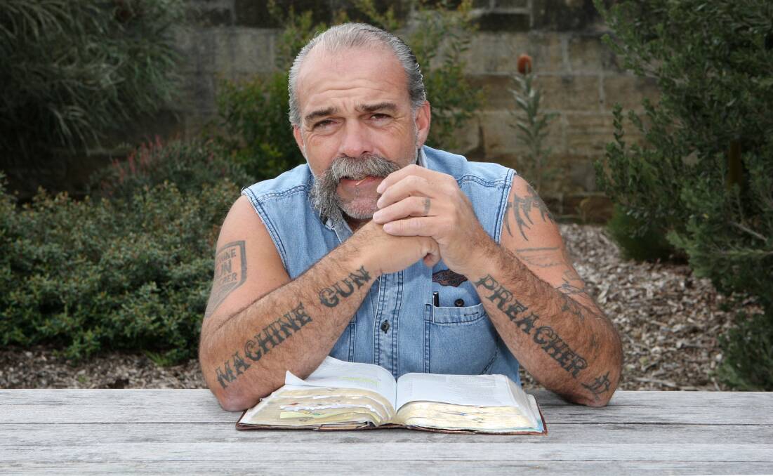 Sam Childers is the Machine Gun Preacher, a former bikie who found God and dedicated his time to rescuing children in the South Sudan war zone of Africa. Mr Childers is guest speaking at the East Coast Church in Caringbah next month.