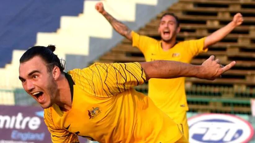 Nicholas D'Agostino celebrates after scoring for the Olyroos. Picture: AP
