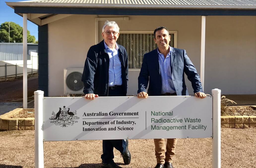 South Australia visit: ANSTO CEO Dr Adi Paterson and Mayor Carmelo Pesce at the Kimba project office.