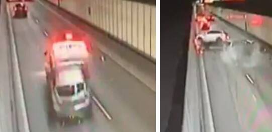 The collision inside the M5 tunnel near the intersection of Marsh Street on Saturday night. Pictures: 9News