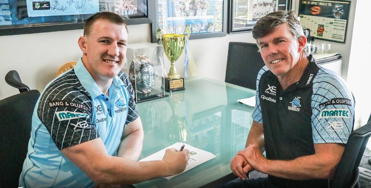 Paul Gallen officially put pen to paper yesterday to play on for another NRL season. Picture: Sharks Facebook