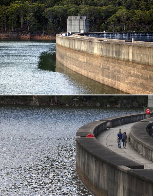 Storage stories: Woronora Dam in 2003 (top) sitting at about 66 per cent capacity. It is currently at 65.1 per cent capacity. Bottom, the dam in 2016 when it was 98 per cent full. Pictures: Phil Carrick, John Veage