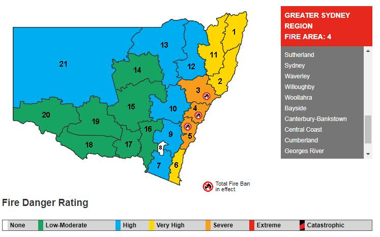 A severe fire danger rating has been issued for Greater Sydney and the Illawarra. Picture: NSWRFS