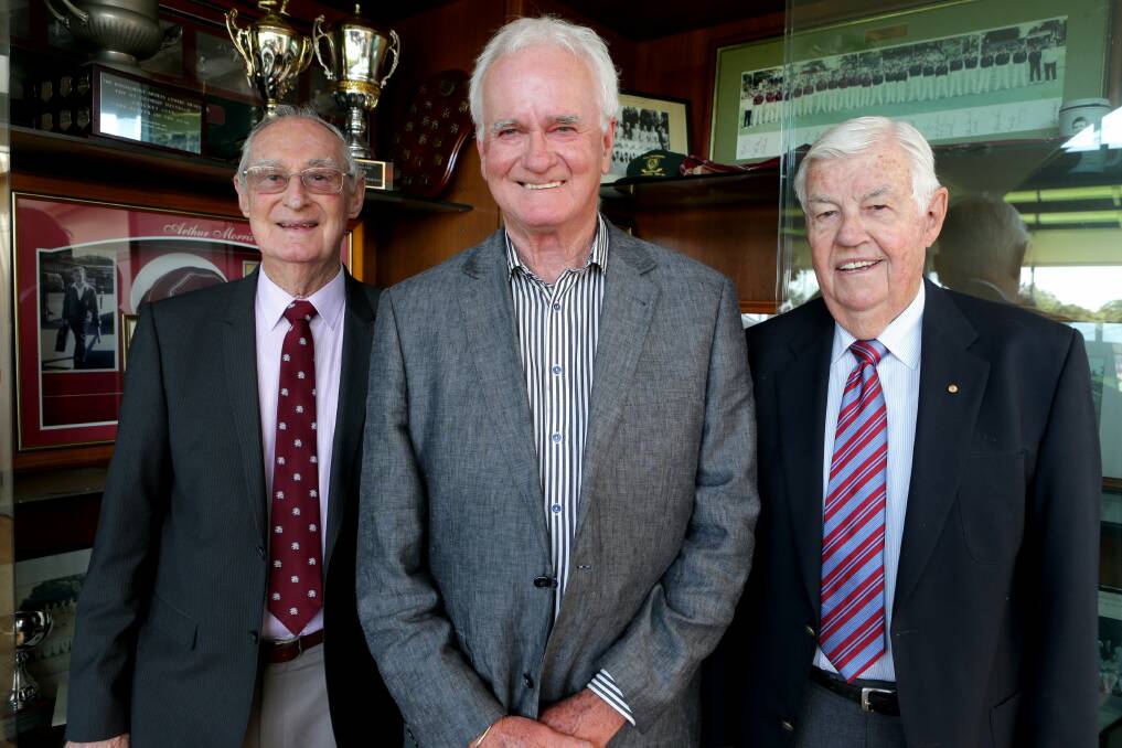 Hit 'em for six: St George District Cricket Club co-patron and former Australian captain Brian Booth, left, with former Australian Test spin bowler Ashley Mallett and St George District Club co-patron and former NSW batsman Warren Saunders at the O'Reilly Oration at Hurstville Oval. Picture: Jane Dyson